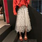 Fringed Midi A-line Mesh Skirt White - One Size