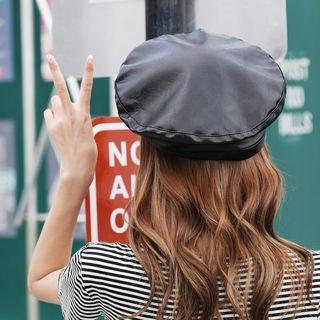Faux-leather Beret Black - One Size