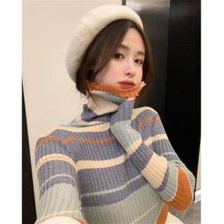 Striped Turtleneck Knit Top Blue & White - One Size