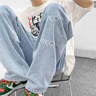 Lettering Wide Leg Jeans / Short-sleeve T-shirt / Set