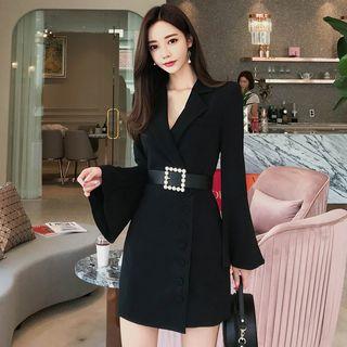Bell-sleeve V-neck Mini Sheath Dress With Belt