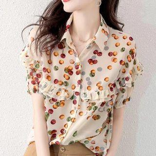 Short-sleeve Ruffled Print Chiffon Shirt