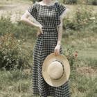 Mesh Panel Checked Short-sleeve Midi A-line Dress