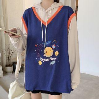 Cartoon Print Mock Two Piece Hooded Top