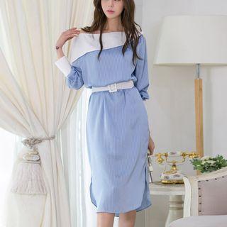 Long-sleeve Pinstriped Skew-neck Dress