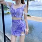 Set: Cold-shoulder Tie-dyed Cropped T-shirt + Pencil Skirt