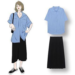 Short-sleeve Striped Shirt / Midi A-line Skirt