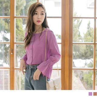 Smocked Bell Sleeve Buttoned Top