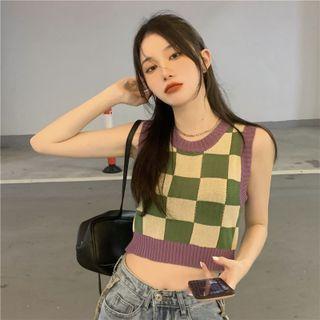 Sleeveless Checkered Knit Top Purple Trim - Green & Almond - One Size