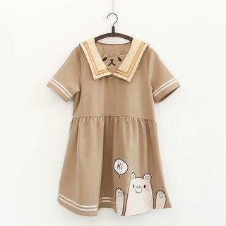Bear Print Striped Sailor Collar Short Sleeve A-line Dress