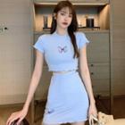 Set: Short-sleeve Butterfly Print Crop Top + Fitted Mini Skirt
