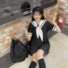 Sailor-collar Pleated Dress Black - One Size