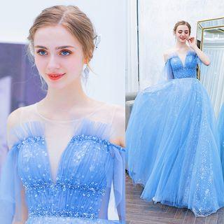Elbow-sleeve Cold Shoulder Sequined Star Mesh Ball Gown