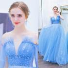 Elbow-sleeve Cold Shoulder Sequined Star Mesh Ball Gown