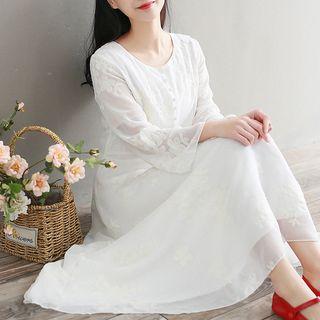 Embroidered A-line Midi Chiffon Dress