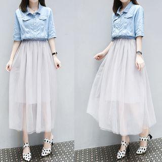 Elbow-sleeve Denim Panel Mock Two-piece Dress