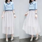 Elbow-sleeve Denim Panel Mock Two-piece Dress