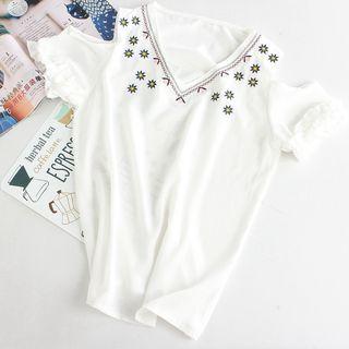 Flower Embroidered Cut Out Shoulder Short Sleeve Top