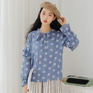 Long-sleeve Floral Tie-neck Blouse