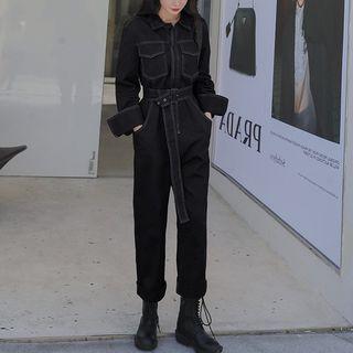 Long Sleeve Stitched Belted Straight Leg Jumpsuit