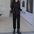 Long Sleeve Stitched Belted Straight Leg Jumpsuit