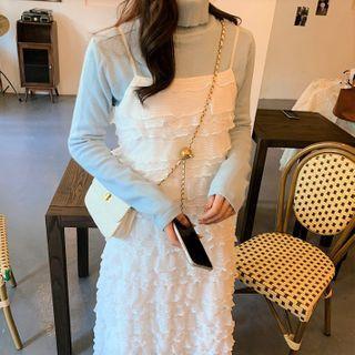 Turtleneck Knit Top / Spaghetti Strap Midi A-line Lace Dress
