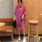 Short Sleeve Print T-shirt Dress Fuchsia - One Size