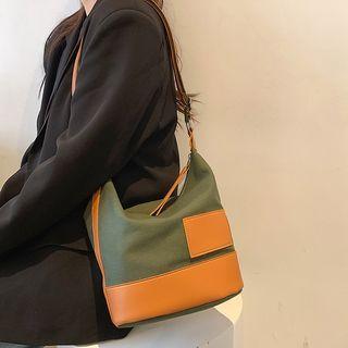 Two-tone Faux Leather Bucket Shoulder Bag