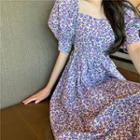 Puff-sleeve Cutout Floral Printed A-line Dress