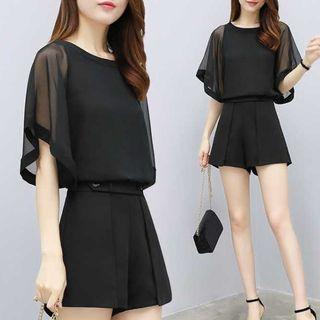 Set: Flutter-sleeve Chiffon Top + Shorts
