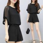 Set: Flutter-sleeve Chiffon Top + Shorts