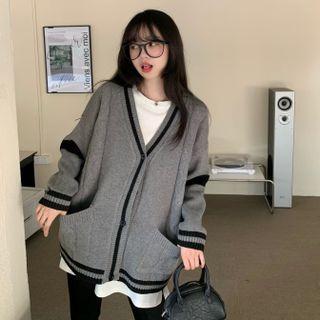 Oversize Contrast Trim Knit Cardigan Gray - One Size