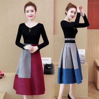 Set: V-neck Plain Top + Color Block A-line Dress
