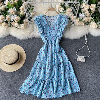 V-neck Floral Ruffle Sleeveless Dress