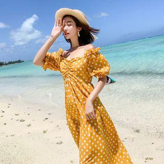 Lantern-sleeve Dotted A-line Maxi Dress