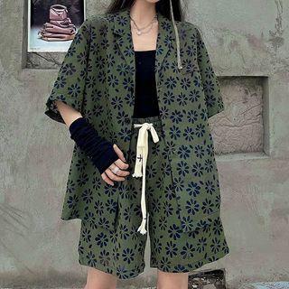 Set: Short-sleeve Floral Shirt Jacket + Wide Leg Shorts