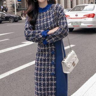 Set: Long-sleeve Tweed-panel Sweater + Midi Fitted Skirt