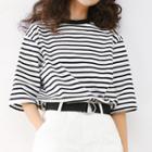 Striped Short-sleeve Knitted T-shirt Stripes - Black - One Size