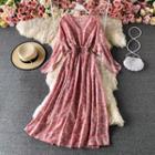 V-neck Bell-sleeve Floral Print Maxi Dress