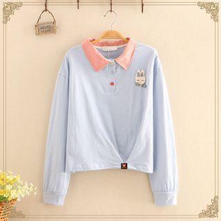 Lapel Color-block Rabbit Printed Long-sleeve Top