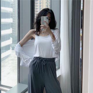 Plain Camisole Top / Light Jacket / Drawstring Wide-leg Pants / Set