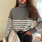 Turtleneck Stripe Woolen Sweater Gray - One Size