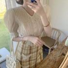Puff Sleeve Blouse / Plaid Midi A-line Skirt