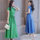 Plain Collared Cap-sleeve Midi A-line Dress