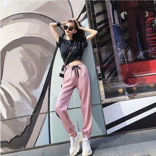 Set: Lettering Short-sleeve T-shirt + Striped Cropped Harem Pants
