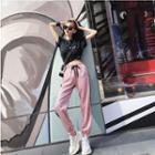 Set: Lettering Short-sleeve T-shirt + Striped Cropped Harem Pants
