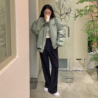 Raglan-sleeve Letter Embroidered Baseball Jacket Khaki - One Size