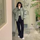 Raglan-sleeve Letter Embroidered Baseball Jacket Khaki - One Size