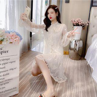 Long-sleeve Tie-neck Lace Ruffled Dress