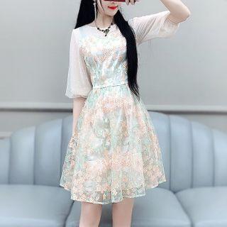 Floral Embroidered Elbow-sleeve Mesh Mini A-line Dress